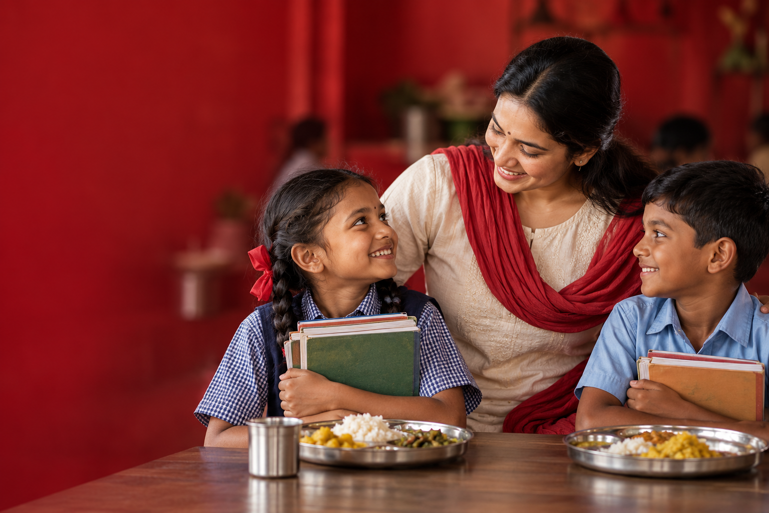 AI-generated campaign visual of Indian children with schoolbooks and nutritious meals