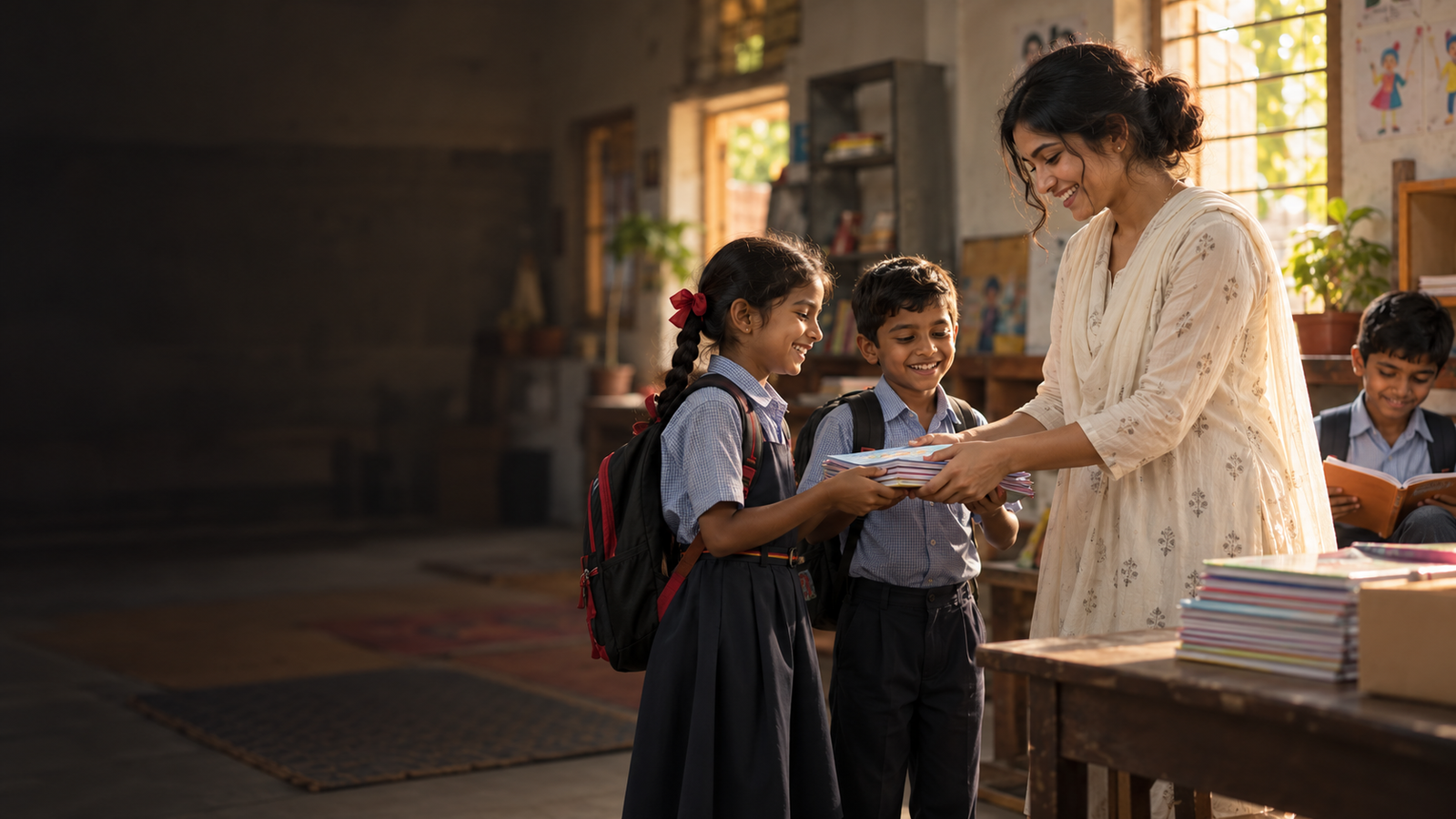 AI-generated campaign visual of an Indian volunteer giving schoolbooks to children